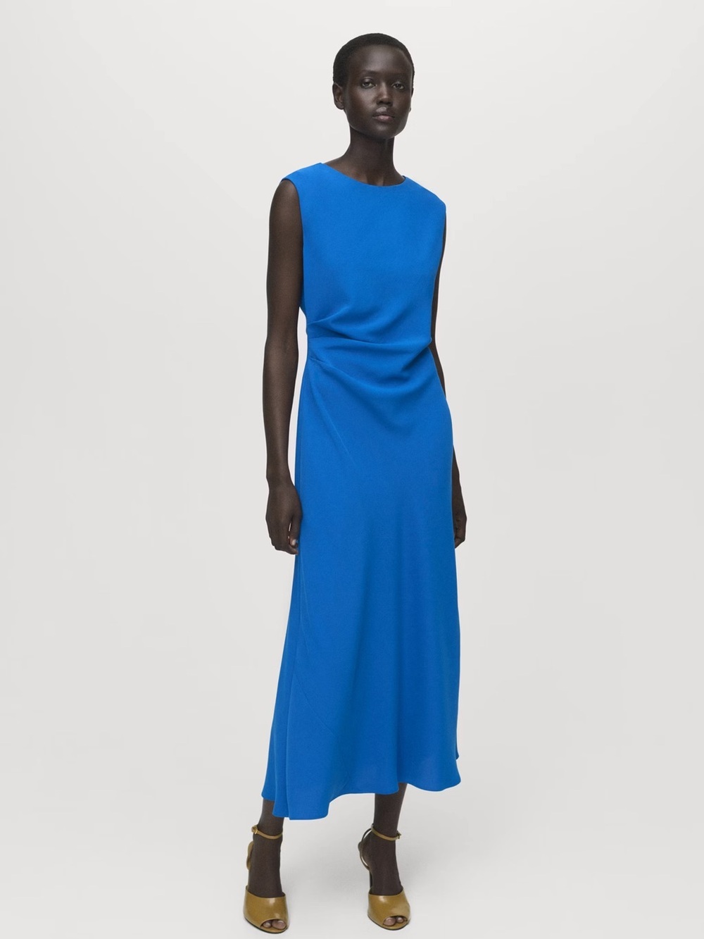 Mango Blue ruched midi dress NWT